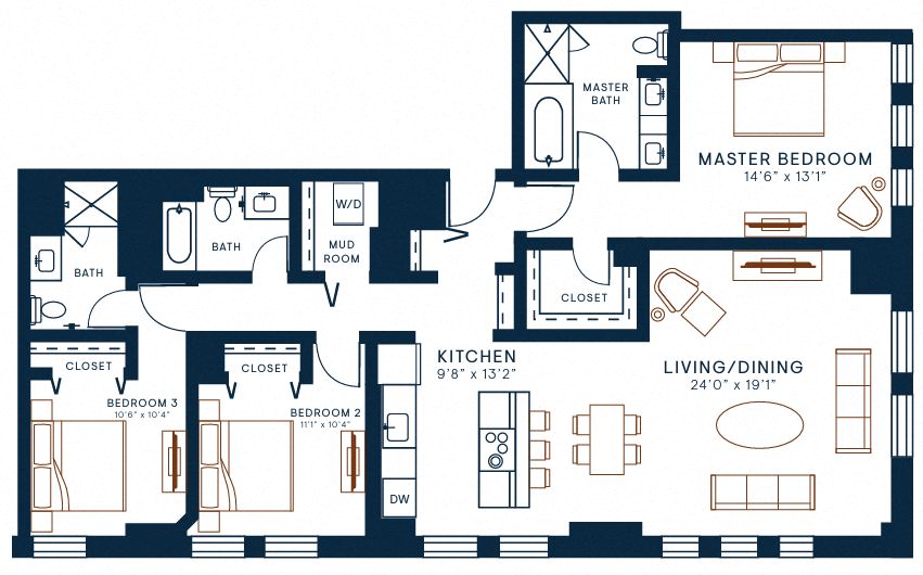Floor plan for 3 beds, 3 baths, 1691 sqft